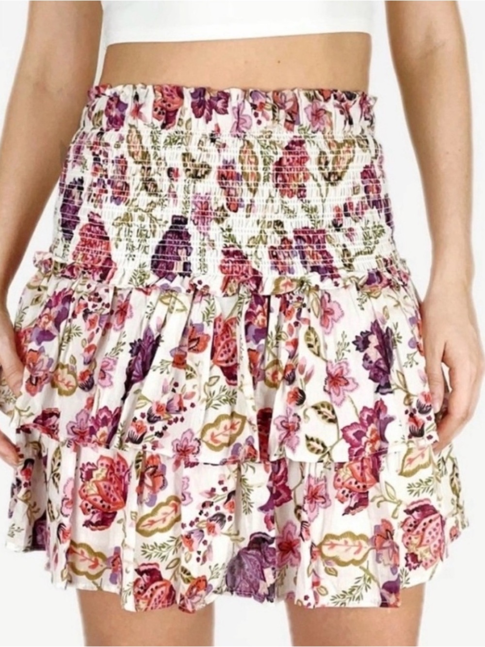 House of Harlow 1960 White Floral Smocked Tiered Mini Skirt